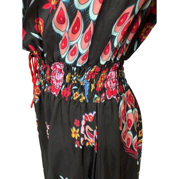 Women's Small Boho Peacock Floral V Neck Hi Low Ruffle Button Down Maxi Dress - Picture 8 of 16